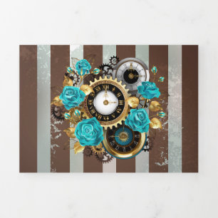 Steampunk Clock and Turquoise Roses on Striped Tri-Fold Card