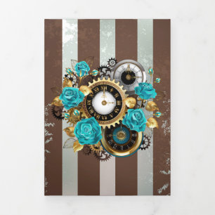 Steampunk Clock and Turquoise Roses on Striped Tri-Fold Programme