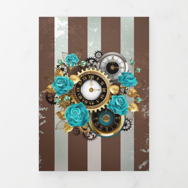 Steampunk Clock and Turquoise Roses on Striped Tri-Fold Programme (Cover)