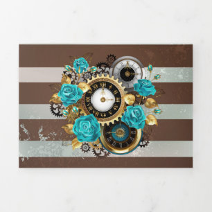 Steampunk Clock and Turquoise Roses on Striped Tri-Fold Programme