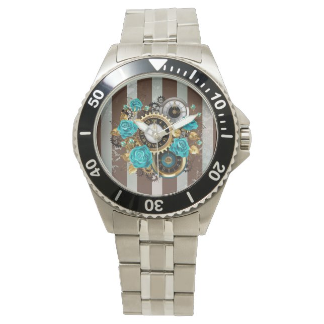 Steampunk Clock and Turquoise Roses on Striped Watch (Front)