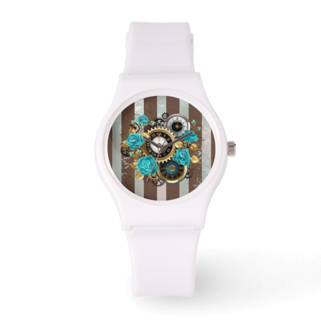 Steampunk Clock and Turquoise Roses on Striped Watch (Front)