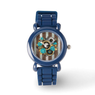 Steampunk Clock and Turquoise Roses on Striped Watch