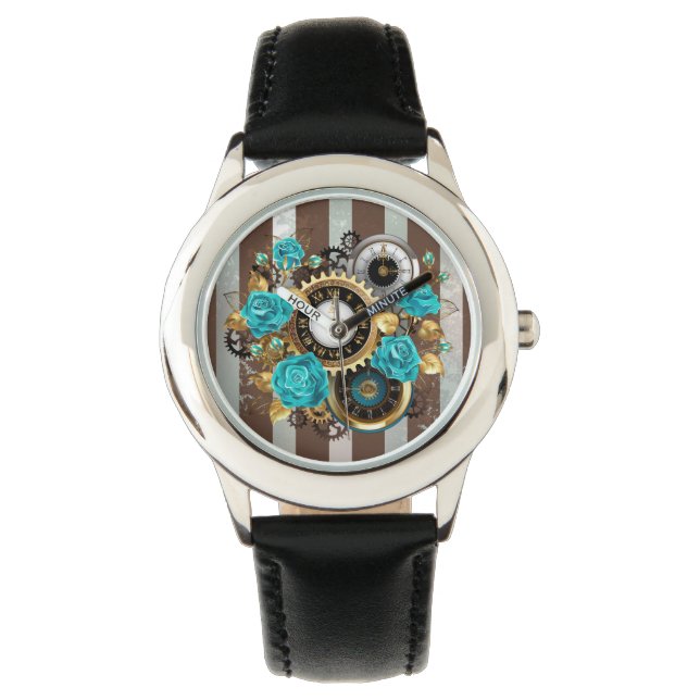 Steampunk Clock and Turquoise Roses on Striped Watch (Front)