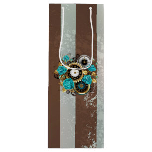Steampunk Clock and Turquoise Roses on Striped Wine Gift Bag