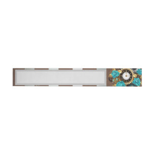 Steampunk Clock and Turquoise Roses on Striped Wrap Around Label