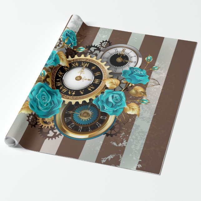 Steampunk Clock and Turquoise Roses on Striped Wrapping Paper (Unrolled)