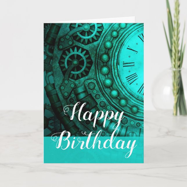 Steampunk Clock & Gears Birthday Card (Front)