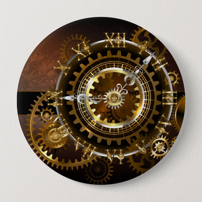 Steampunk clock with antique gears 10 cm round badge (Front)