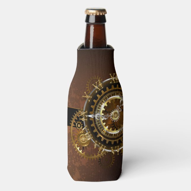 Steampunk clock with antique gears bottle cooler (Bottle Front)