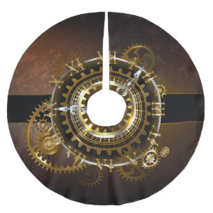 Steampunk clock with antique gears brushed polyester tree skirt