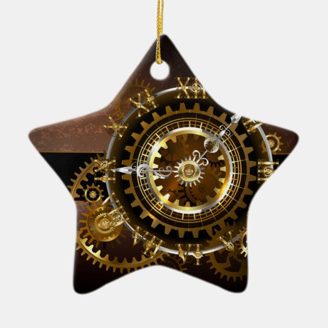 Steampunk clock with antique gears ceramic tree decoration (Front)