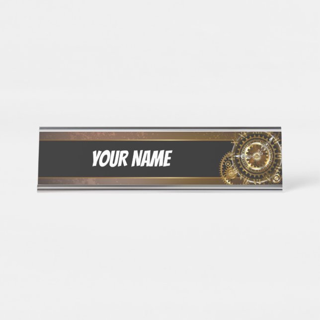Steampunk clock with antique gears desk name plate (Front)