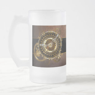 Steampunk clock with antique gears frosted glass beer mug