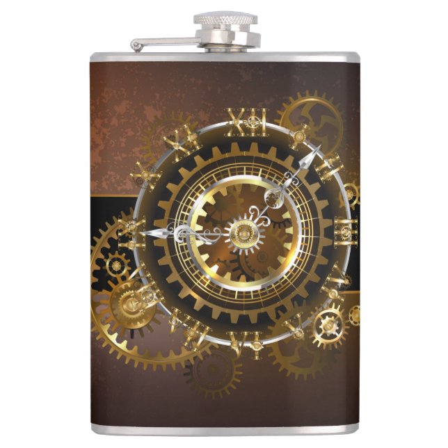 Steampunk clock with antique gears hip flask (Front)
