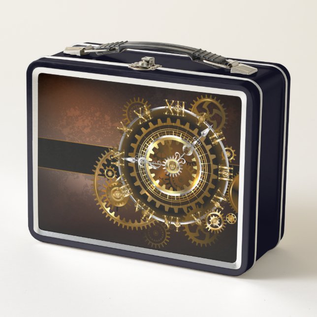 Steampunk clock with antique gears metal lunch box (Front)