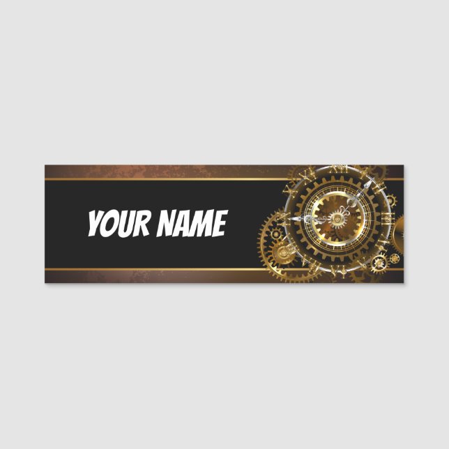 Steampunk clock with antique gears name tag (Front)