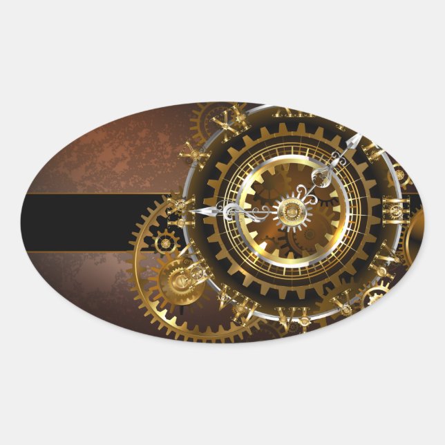 Steampunk clock with antique gears oval sticker (Front)