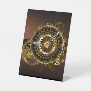Steampunk clock with antique gears pedestal sign
