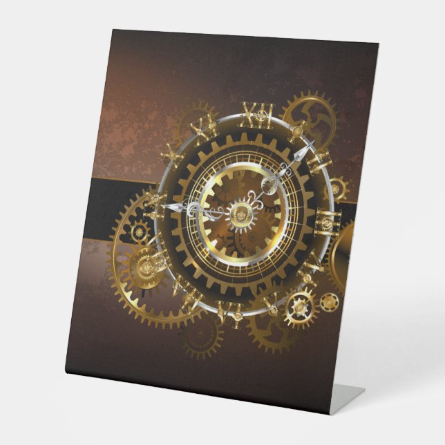 Steampunk clock with antique gears pedestal sign (Front)