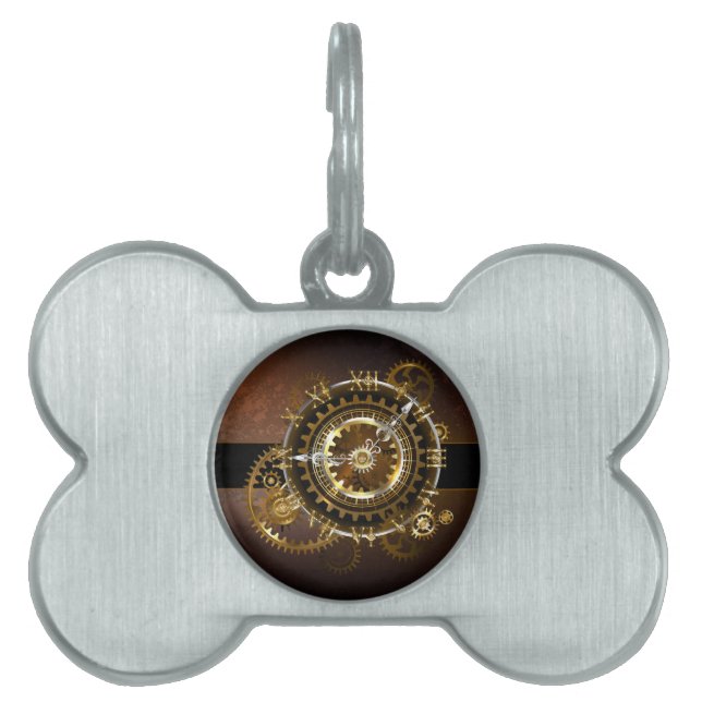 Steampunk clock with antique gears pet ID tag (Front)