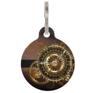 Steampunk clock with antique gears pet tag