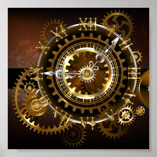Steampunk clock with antique gears poster (Front)