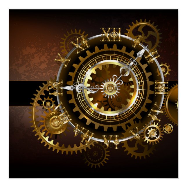 Steampunk clock with antique gears poster (Front)