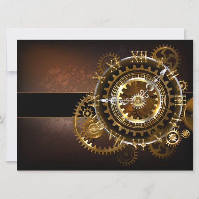 Steampunk clock with antique gears save the date (Front)