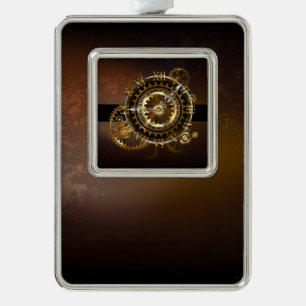 Steampunk clock with antique gears silver plated framed ornament