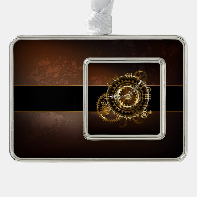 Steampunk clock with antique gears silver plated framed ornament (Front)