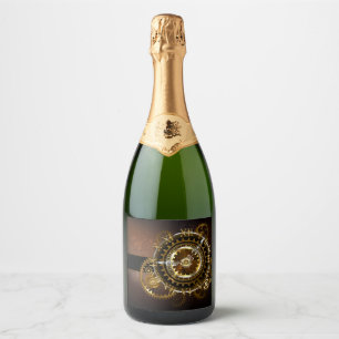 Steampunk clock with antique gears sparkling wine label