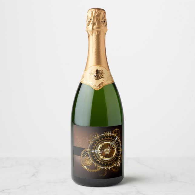 Steampunk clock with antique gears sparkling wine label (Front)