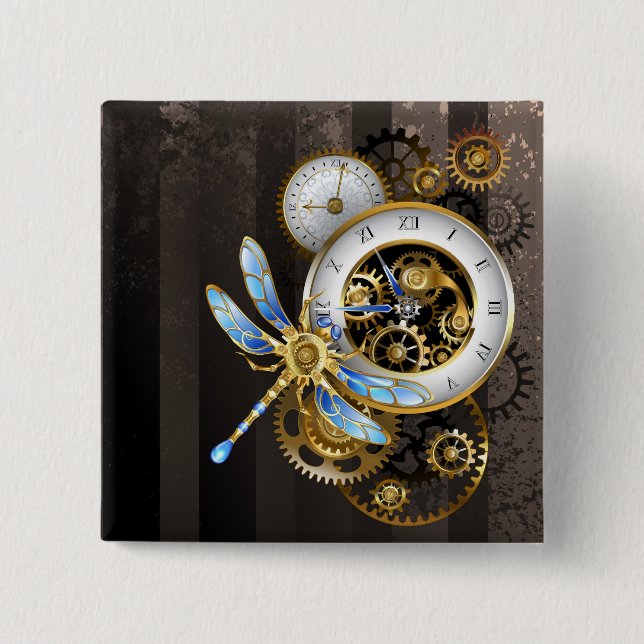 Steampunk Clock with Mechanical Dragonfly 15 Cm Square Badge (Front)