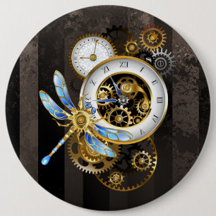 Steampunk Clock with Mechanical Dragonfly 6 Cm Round Badge