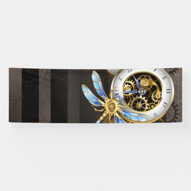 Steampunk Clock with Mechanical Dragonfly Banner (Horizontal)