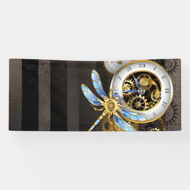 Steampunk Clock with Mechanical Dragonfly Banner (Horizontal)