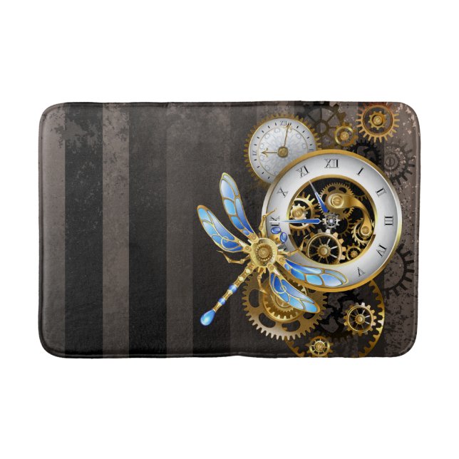 Steampunk Clock with Mechanical Dragonfly Bath Mat (Front)