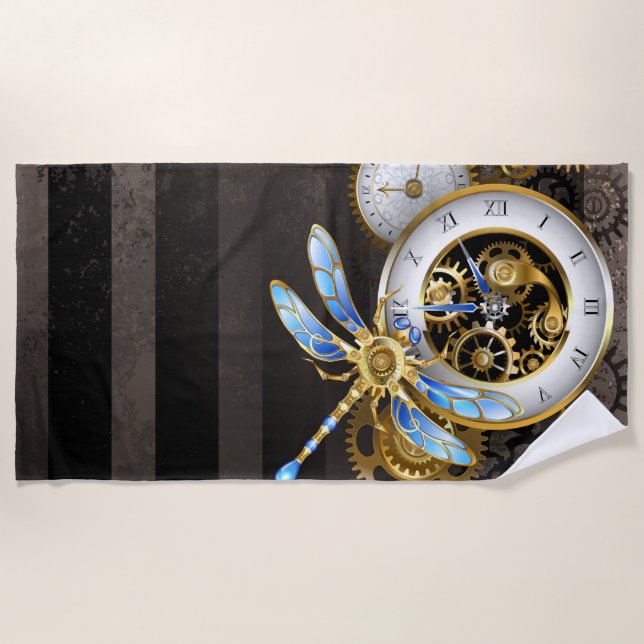 Steampunk Clock with Mechanical Dragonfly Beach Towel (Front)