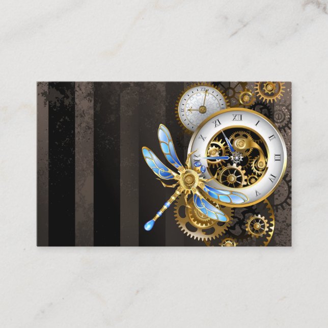 Steampunk Clock with Mechanical Dragonfly Business Card (Front)