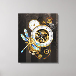 Steampunk Clock with Mechanical Dragonfly Canvas Print