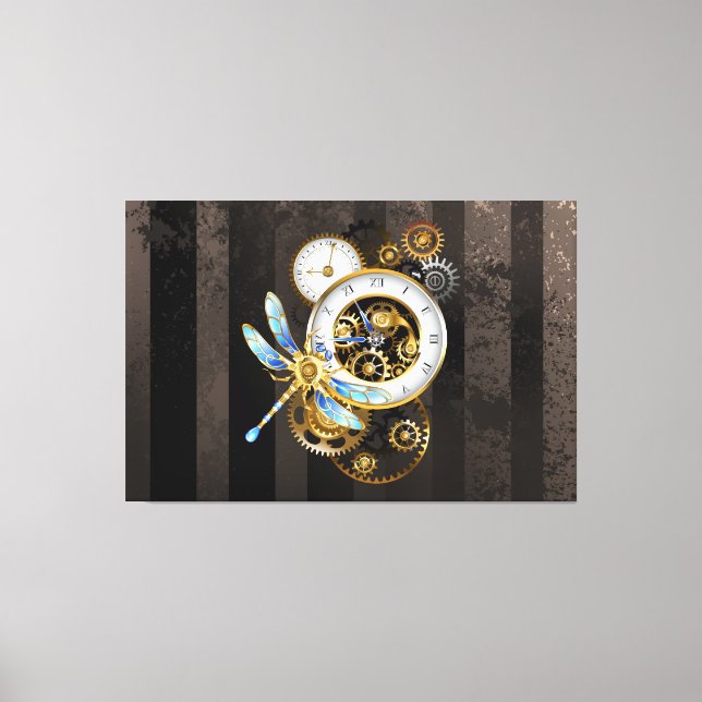 Steampunk Clock with Mechanical Dragonfly Canvas Print (Front)