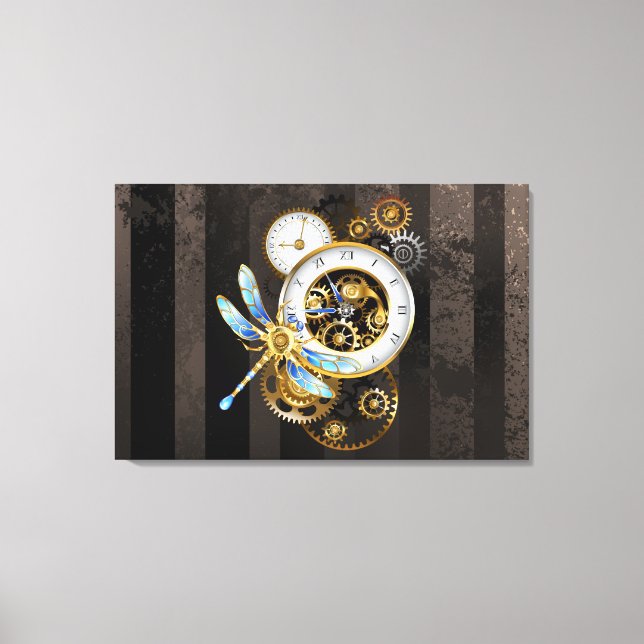 Steampunk Clock with Mechanical Dragonfly Canvas Print (Front)