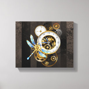 Steampunk Clock with Mechanical Dragonfly Canvas Print
