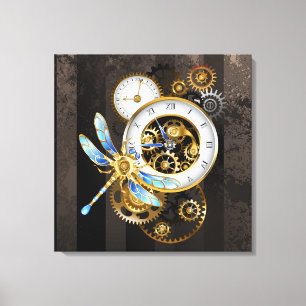 Steampunk Clock with Mechanical Dragonfly Canvas Print