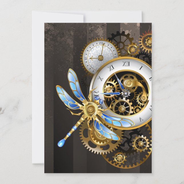 Steampunk Clock with Mechanical Dragonfly Card (Front)