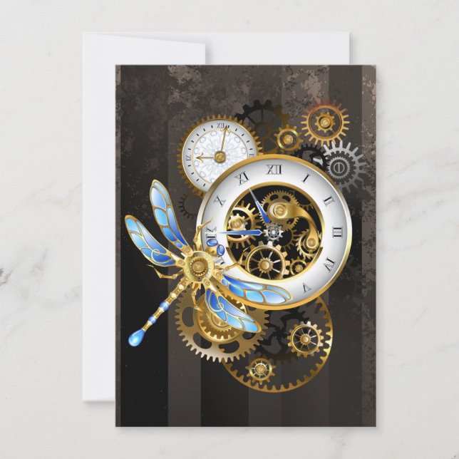 Steampunk Clock with Mechanical Dragonfly Card (Front)