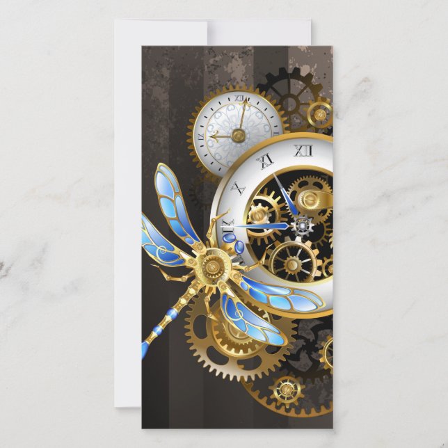 Steampunk Clock with Mechanical Dragonfly Card (Front)