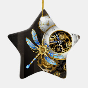Steampunk Clock with Mechanical Dragonfly Ceramic Tree Decoration