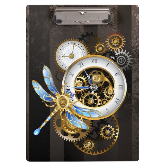 Steampunk Clock with Mechanical Dragonfly Clipboard (Front)